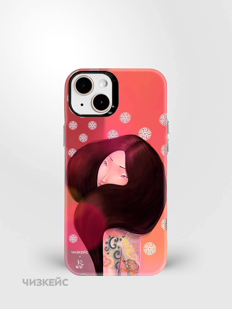 Чехол Чизкейс MagSafe iPhone 15 Девушка с тату Тигр белый