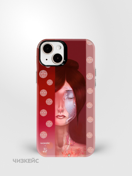 Чехол Чизкейс MagSafe iPhone 13/iPhone 14 Девушка с тату Дракон белый