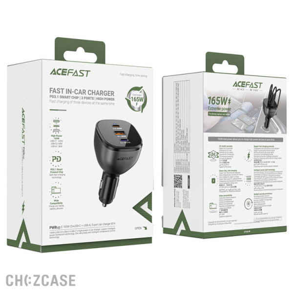 АЗУ-USB AceFast B14 (1USB-A, 2USB-C, 3.0A, QC3.0, PD 165W) черный