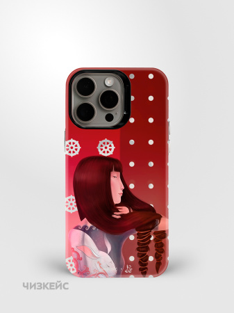 Чехол Чизкейс MagSafe iPhone 16 Pro Max Девушка с тату Заяц белый