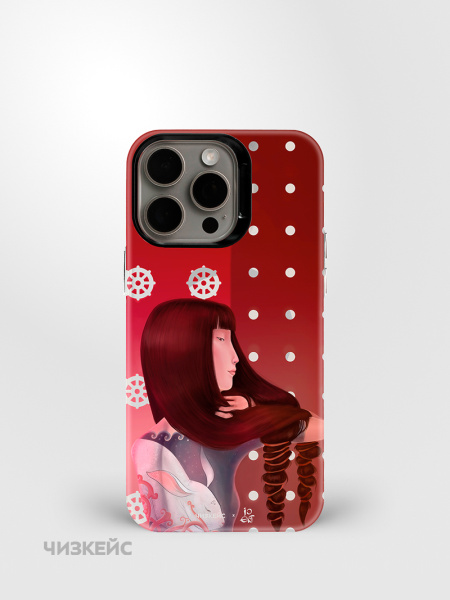 Чехол Чизкейс MagSafe iPhone 16 Pro Max Девушка с тату Заяц белый