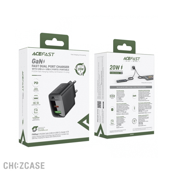 СЗУ AceFast A78 (1USB-A, 1USB-C, 3.0A, QC3.0, PD 20W) черный