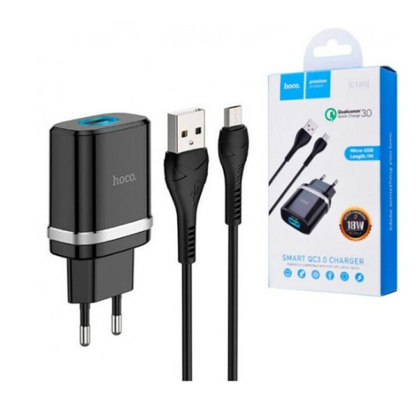 СЗУ HOCO C12Q (1USB, 3A,QC3.0) + кабель Micro USB черный