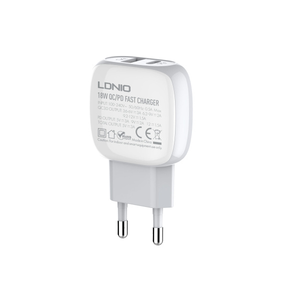 СЗУ-USB LDNIO A2316C (USB-A + USB-C, QC3.0, 20W) + кабель Lightning белый