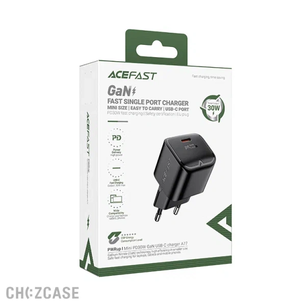 СЗУ AceFast A77 mini (1USB-C, 3.0A, QC3.0, PD 30W) черный