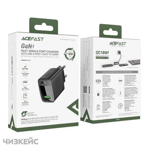 СЗУ AceFast A90 (1USB-A, 3.0A, QC3.0, PD 18W) + кабель Type-C черный