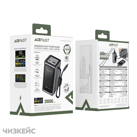 Внешний аккумулятор AceFast M33 20000 mAh (2USB-C + 1USB-A, LED, PD 100W) черный