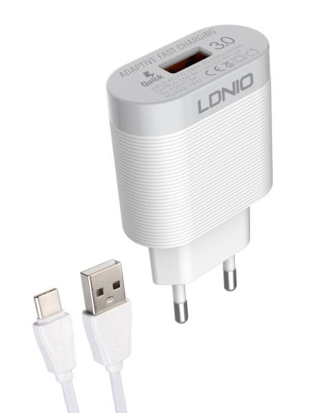 СЗУ-USB LDNIO A303Q (1USB, QC3.0, 18W) + кабель Type-C белый