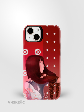 Чехол Чизкейс MagSafe iPhone 15 Девушка с тату Заяц белый