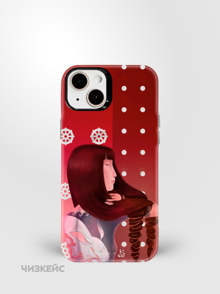 Чехол Чизкейс MagSafe iPhone 15 Девушка с тату Заяц белый