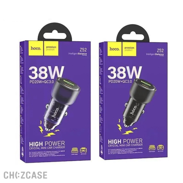 АЗУ-USB HOCO Z52 (1USB-A, 1USB-C, 3.0A, QC3.0, PD 38W) черный