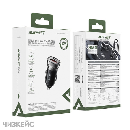 АЗУ-USB AceFast B19 (1USB-A, 1USB-C, 3.0A, QC3.0, PD 30W) черный