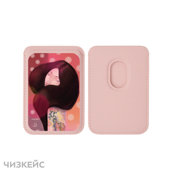 Картхолдер Чизкейс Magsafe Leather Wallet Девушка с тату Тигр розовый