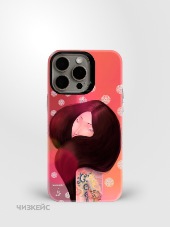 Чехол Чизкейс MagSafe iPhone 15 Pro Max Девушка с тату Тигр белый