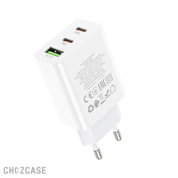 СЗУ HOCO C99A (USB-A + 2USB-C, 3A, QC3.0, PD 20W) белый